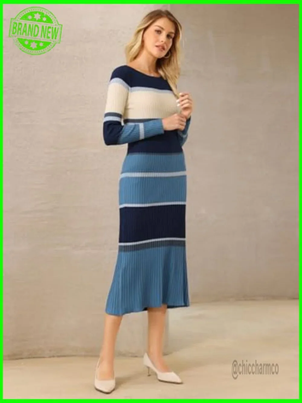 Striped Sweater Dress Long Sleeve Ribbed Knit Bodycon Midi Work Casual - Picture 3 of 6